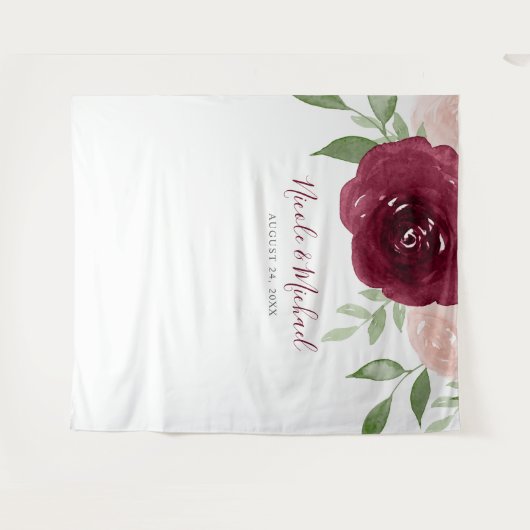 バーガンディウォーターカラーフラワーズウェディングバックドロップ タペストリー (正面(横))