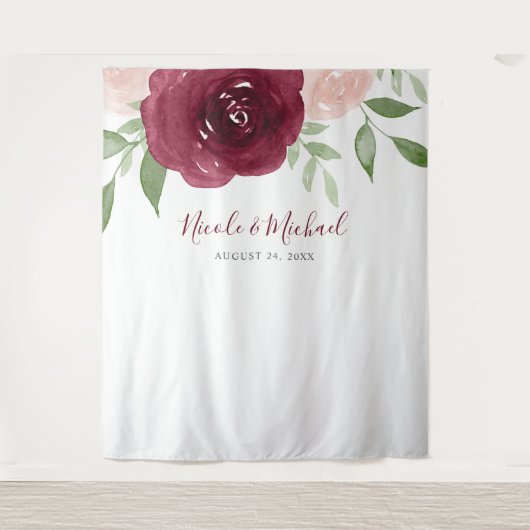 バーガンディウォーターカラーフラワーズウェディングバックドロップ タペストリー (正面)