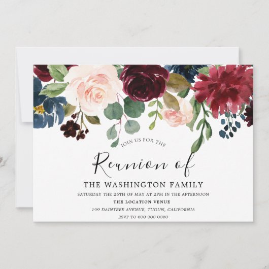 バーガンディウォーターカラーフラワーズファミリー懇親会招待状 招待状 (正面)