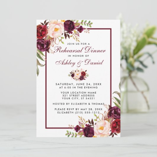 バーガンディウォーターカラーフローラリハーサルディナー 招待状 (スタンド正面)