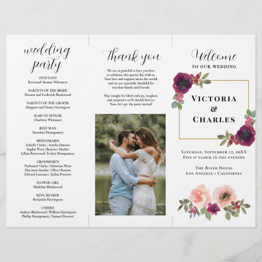 バーガンディウォーターカラーフローラ三重結婚式 プログラム チラシ (正面)