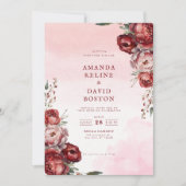 バーガンディウォーターカラー牡丹結婚式招待状 招待状 (正面)