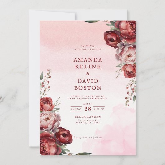 バーガンディウォーターカラー牡丹結婚式招待状 招待状 (正面)