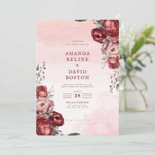 バーガンディウォーターカラー牡丹結婚式招待状 招待状 (スタンド正面)