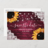 バーガンディウッドレースひまわりウェディングデートを保存 案内ポストカード (正面/裏面)