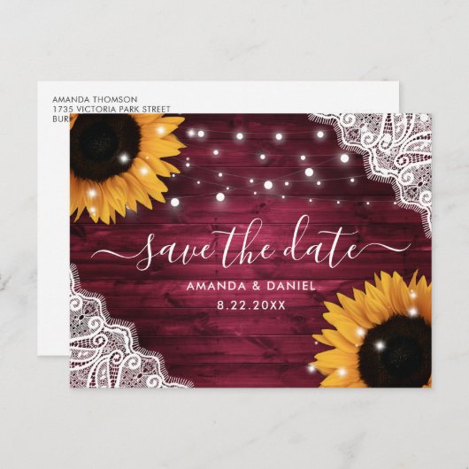 バーガンディウッドレースひまわりウェディングデートを保存 案内ポストカード (正面/裏面)