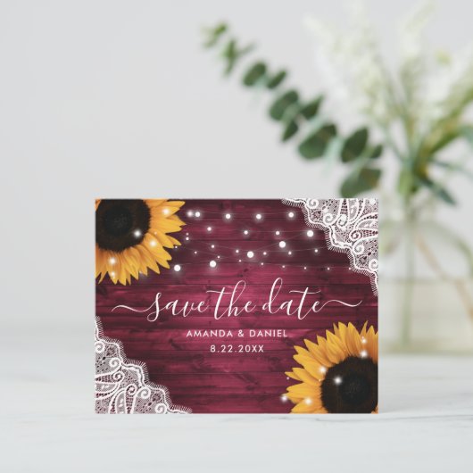 バーガンディウッドレースひまわりウェディングデートを保存 案内ポストカード (スタンド正面)