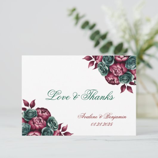 バーガンディエメラルドグリーン牡丹金ゴールド結婚トリム サンキューカード (スタンド正面)