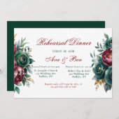 バーガンディエメラルドグリーン金ゴールド牡丹リハーサルディナー 招待状 (正面/裏面)