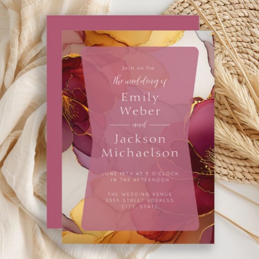 バーガンディオレンジジュエリートーンアルコールインクズ結婚ーズ 招待状