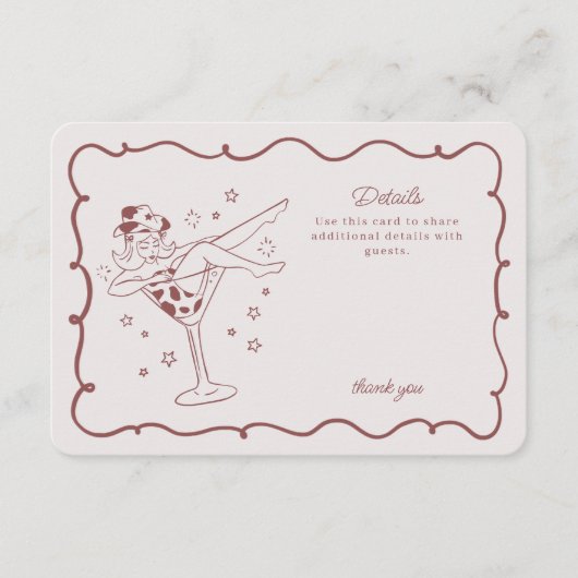 バーガンディカクテルと女性のカーボーイロデオ詳細インサート エンクロージャーカード (正面)