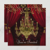 バーガンディカーテンレッド金ゴールドシャンデリアパーティー 招待状 (正面/裏面)