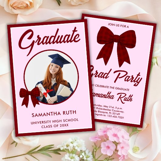 バーガンディギンガムリボン写真卒業パーティー 招待状