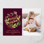 バーガンディクリスマス ボタニカル エレガント モダン フォト 箔シーズンカード (正面)