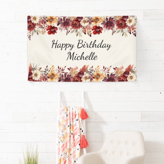 バーガンディクリームウォーターカラーフローラハッピーバースデー 横断幕 (インサイチュ)