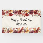 バーガンディクリームウォーターカラーフローラハッピーバースデー 横断幕 (横)