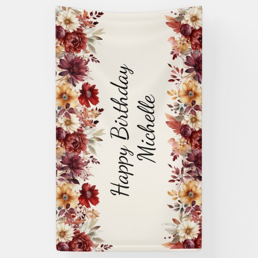 バーガンディクリームウォーターカラーフローラハッピーバースデー 横断幕 (縦)