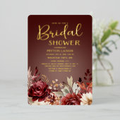 バーガンディクリームウォーターカラーフローラブライダルシャワー 箔招待状 (立ち正面)