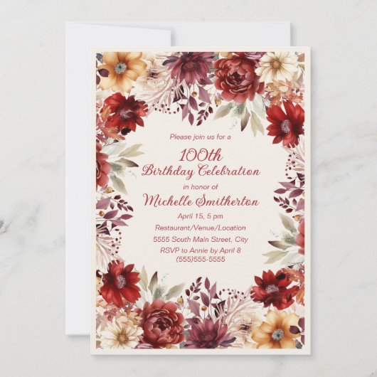 バーガンディクリームウォーターフローラ100誕生日 招待状 (正面)