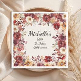 バーガンディクリームウォーターフローラ60誕生日 スタンダードランチョンナプキン