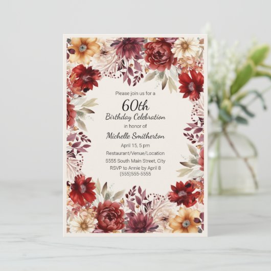 バーガンディクリームウォーターフローラ60誕生日 招待状 (スタンド正面)