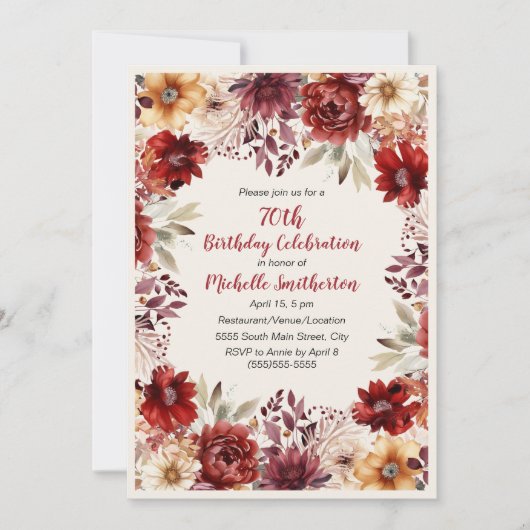 バーガンディクリームウォーターフローラ70誕生日 招待状 (正面)