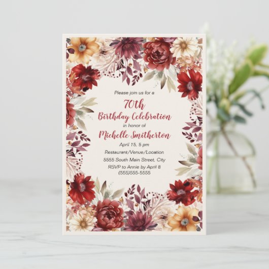 バーガンディクリームウォーターフローラ70誕生日 招待状 (スタンド正面)