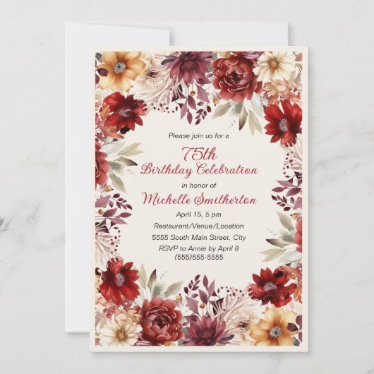 バーガンディクリームウォーターフローラ75誕生日 招待状 (正面)