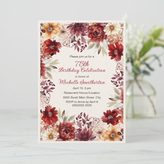 バーガンディクリームウォーターフローラ75誕生日 招待状 (スタンド正面)