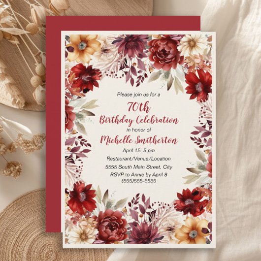 バーガンディクリームウォーターフローラ75誕生日 招待状