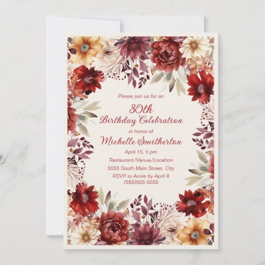 バーガンディクリームウォーターフローラ80誕生日 招待状 (正面)