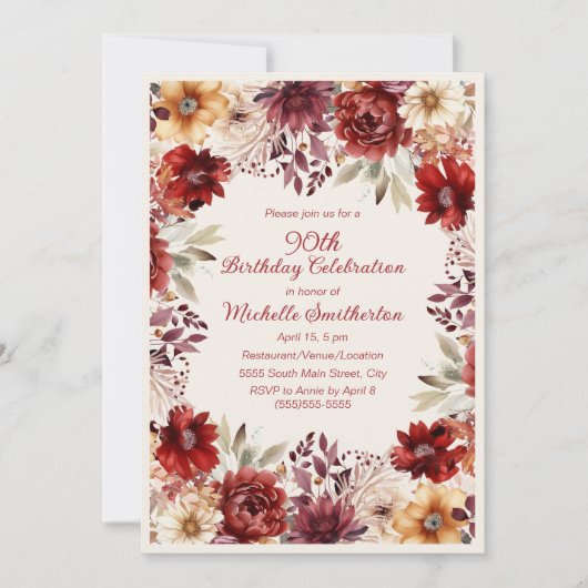 バーガンディクリームウォーターフローラ90誕生日 招待状 (正面)