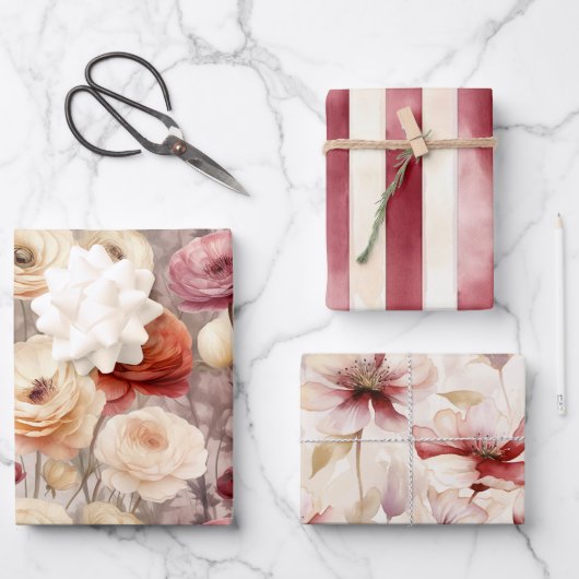 バーガンディクリームスプリングフラワーズのブライズシャワー ラッピングペーパーシート (正面)