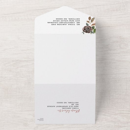 バーガンディクリームダスティピンクローズ結婚フローラ オールインワン招待状 (外側)