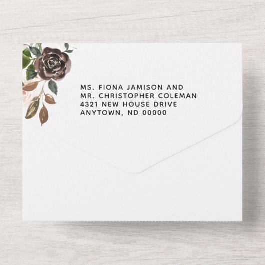 バーガンディクリームダスティピンクローズ結婚フローラ オールインワン招待状 (裏面)