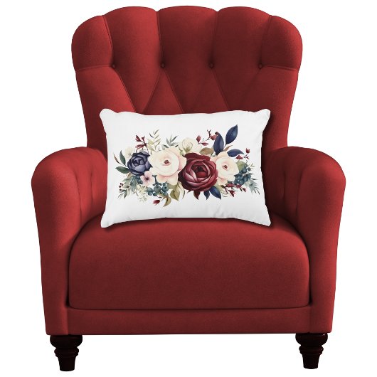 バーガンディクリームネイビーブルーフローラウォーターカラーベッドルーム アクセントクッション