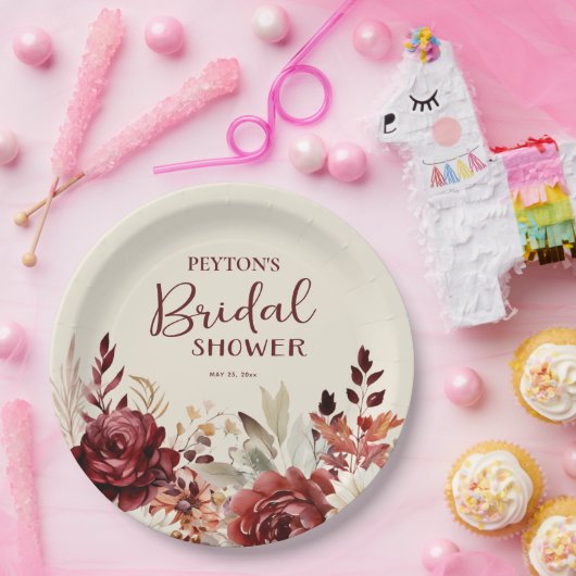 バーガンディクリームフラワーブライダルシャワー ペーパープレート (パーティー)