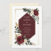 バーガンディクリームフローラバラダイヤモンドシェイプ結婚ズ 招待状 (正面/裏面)