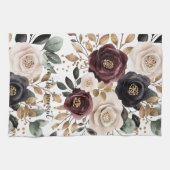 バーガンディクリームブラックフラワーズ キッチンタオル (横)