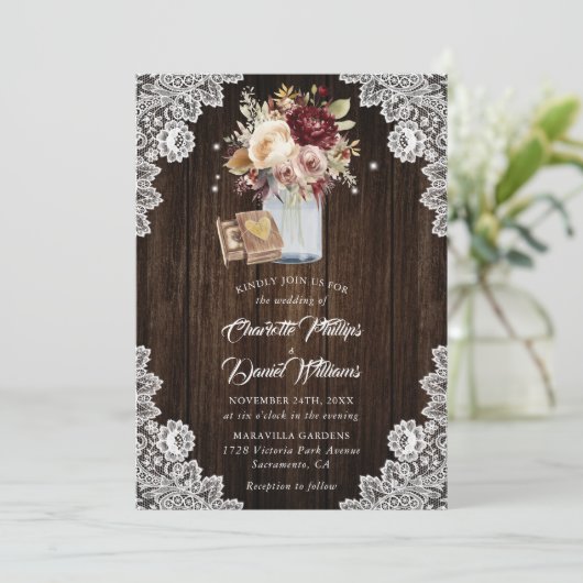 バーガンディクリームマウヴ素朴ウッドフローラ結婚ズ 招待状 (スタンド正面)