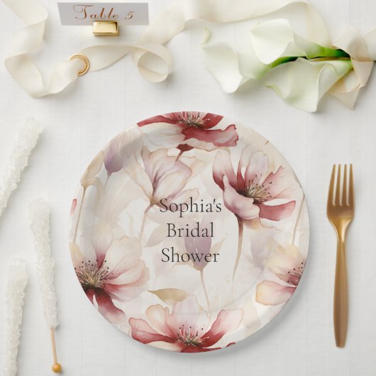 バーガンディクリームラベンダーフローラブライダルシャワー ペーパープレート (ウェディング)