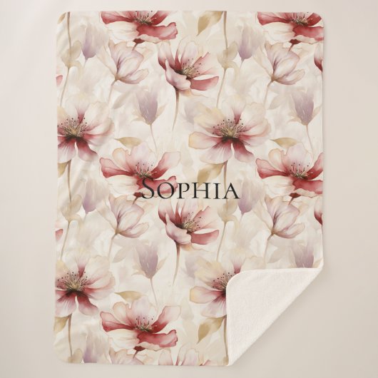 バーガンディクリームラベンダーフローラルブライダルシャワー シェルパブランケット (正面)