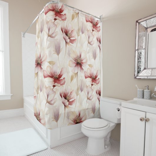 バーガンディクリームラベンダーフローラル ブライダルシャワー シャワーカーテン (インサイチュ)