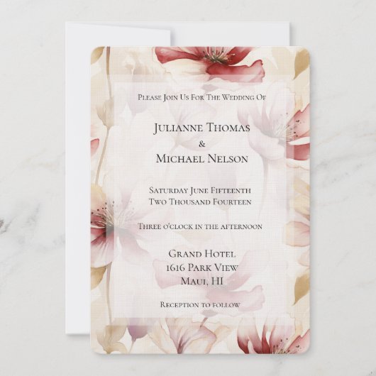 バーガンディクリームラベンダーフローラロマン結婚ティーズ 招待状 (正面)