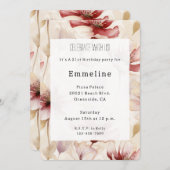 バーガンディクリームラベンダーロマンチックフローラ誕生日 招待状 (正面/裏面)