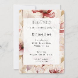 バーガンディクリームラベンダーロマンチックフローラ誕生日 招待状