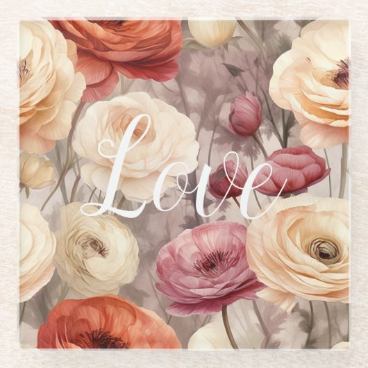 バーガンディクリーム春の花ラブ ガラスコースター