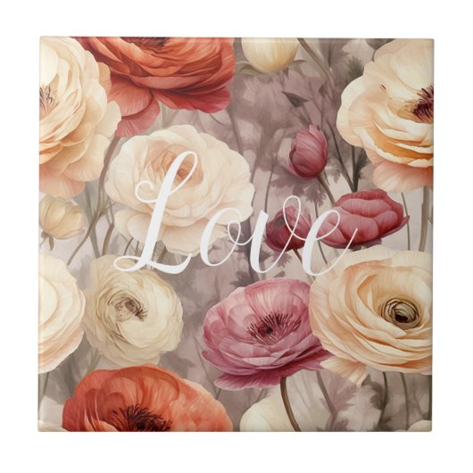 バーガンディクリーム春の花ラブ タイル (正面)