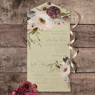 バーガンディクリーム&ピンクヴィンテージ牡丹ピンクディナー オールインワン招待状