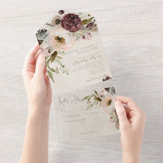 バーガンディクリーム&ピンクヴィンテージ牡丹Noディナー オールインワン招待状 (貼ってはがせる)